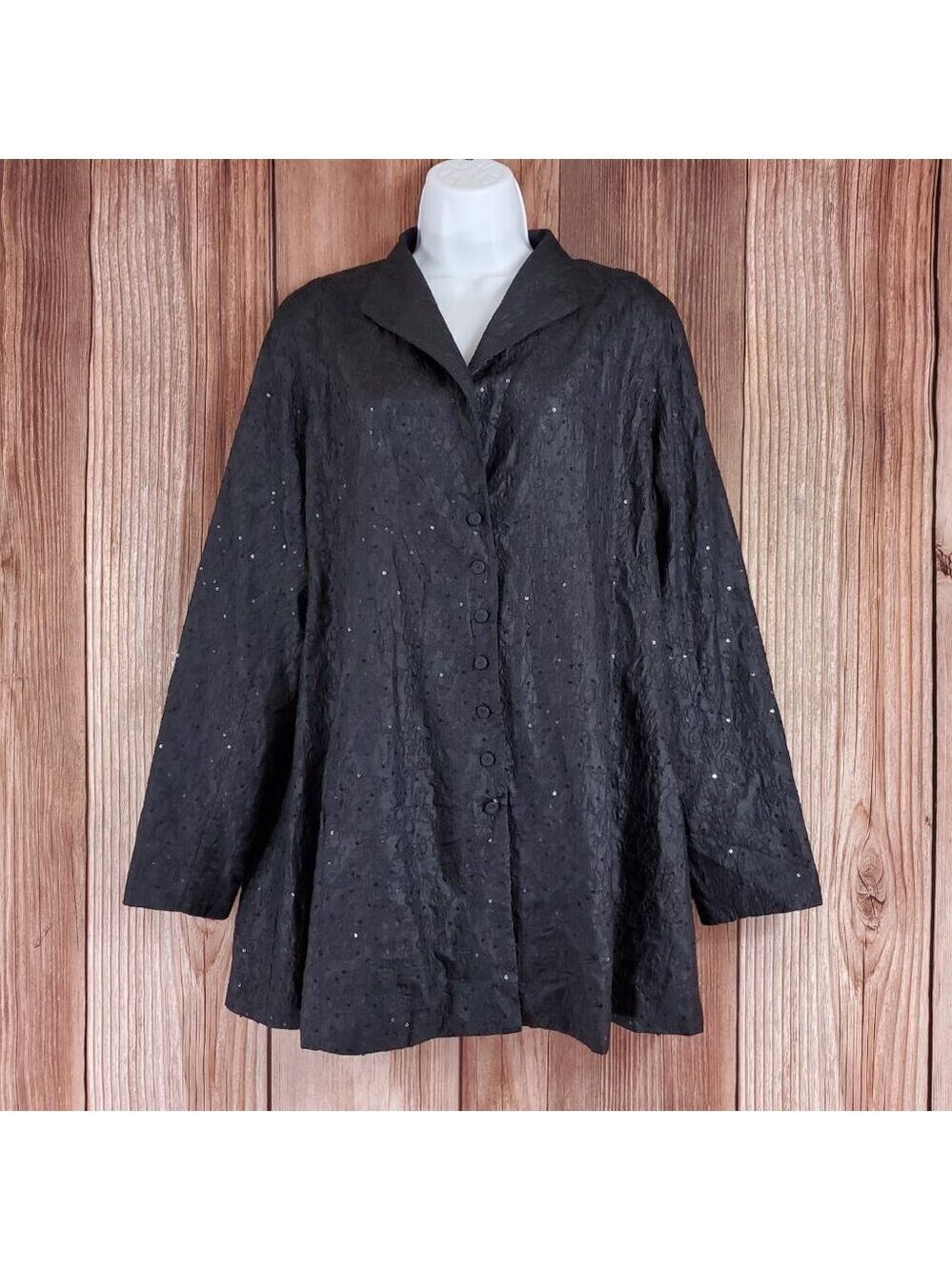 Eileen Fisher Womens Size Medium Sequin Jacket Snap Button 100% Silk Black